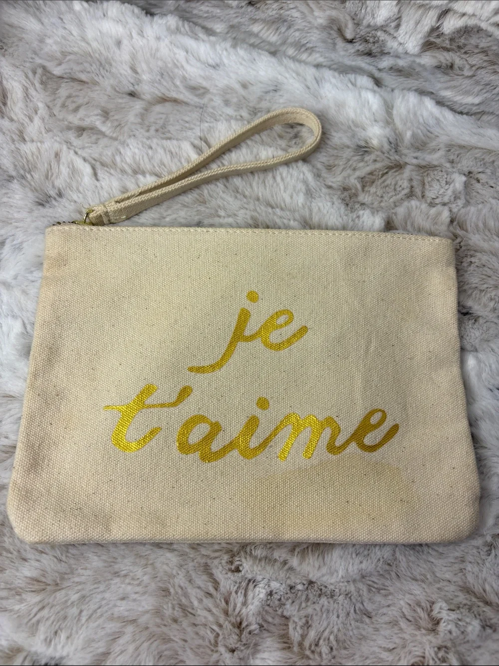 Canvas 'je t'aime' Makeup Bag in Cream with Gold Script. Lancôme